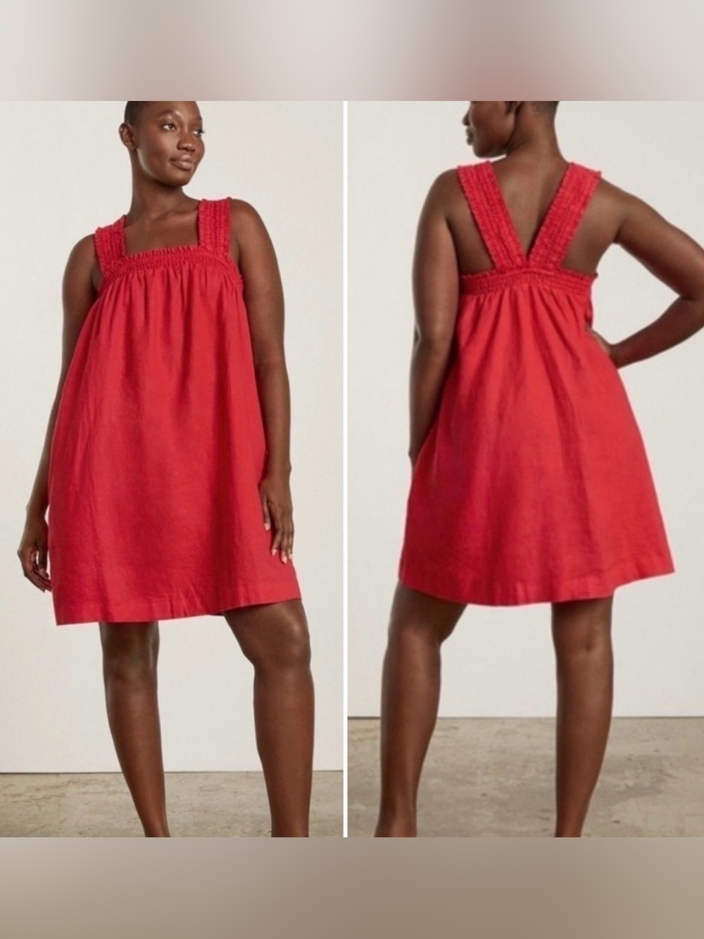 Everlane Red Smocked-Strap 100% Linen Mini Dress